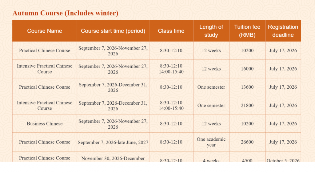 ตารางเวลาเรียน BLCU July -Aug 2026